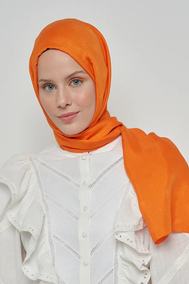Jakar Pamuk Şal Monogram Desen - Turuncu - ED Scarf