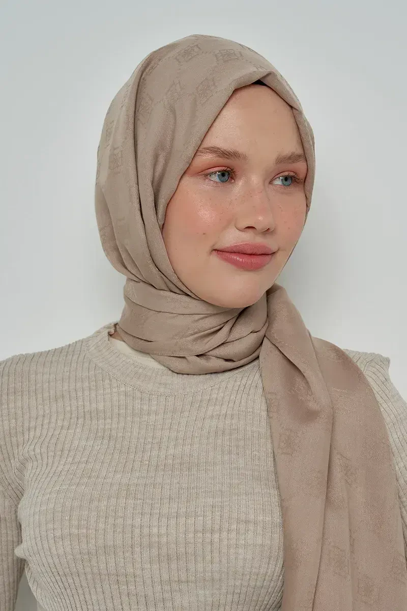 Jakar Pamuk Şal Monogram Desen - Vizon - 1