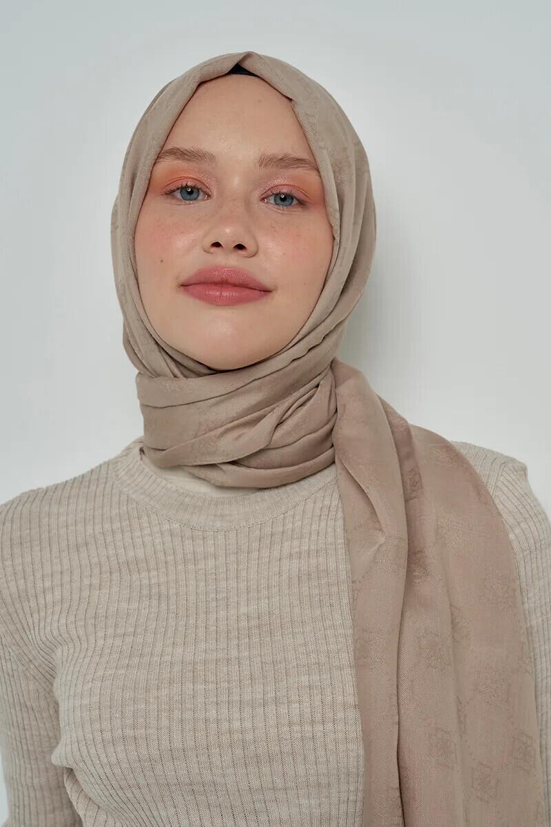 Jakar Pamuk Şal Monogram Desen - Vizon - ED Scarf