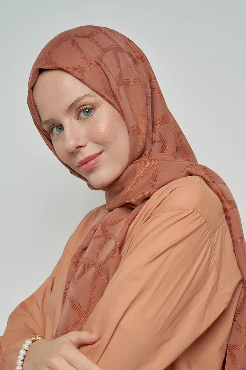 Jakar Pamuk Şal Mozaik Desen - Kahverengi - ED Scarf