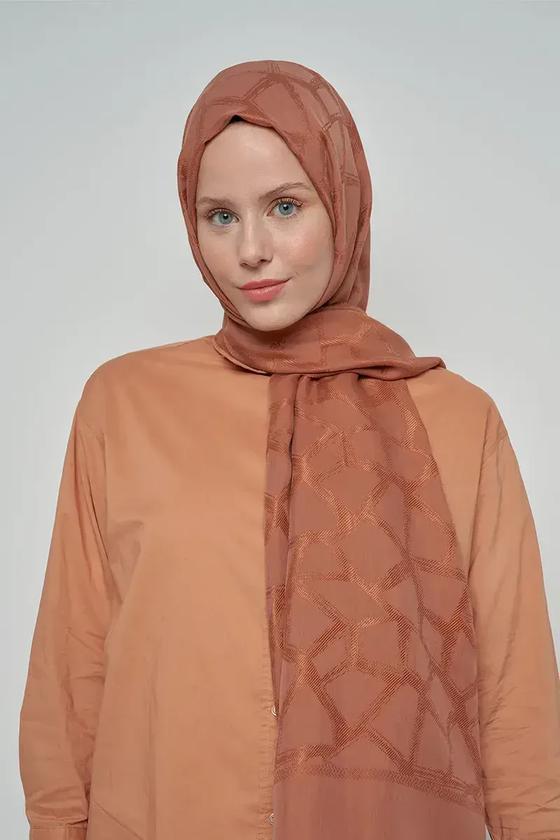 Jakar Pamuk Şal Mozaik Desen - Kahverengi - ED Scarf