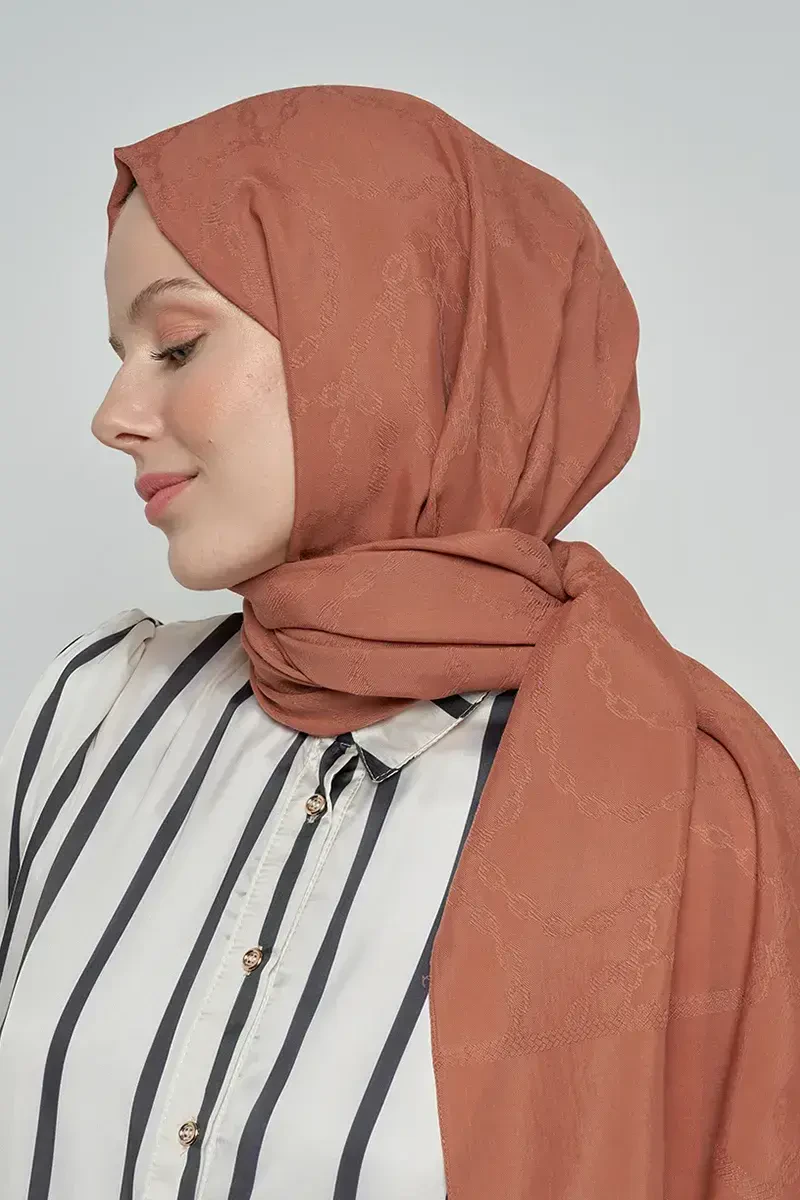 Jakar Pamuk Şal Zincir Desen - Kahverengi - ED Scarf