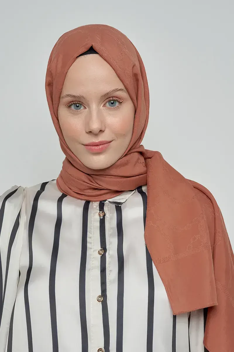 Jakar Pamuk Şal Zincir Desen - Kahverengi - ED Scarf