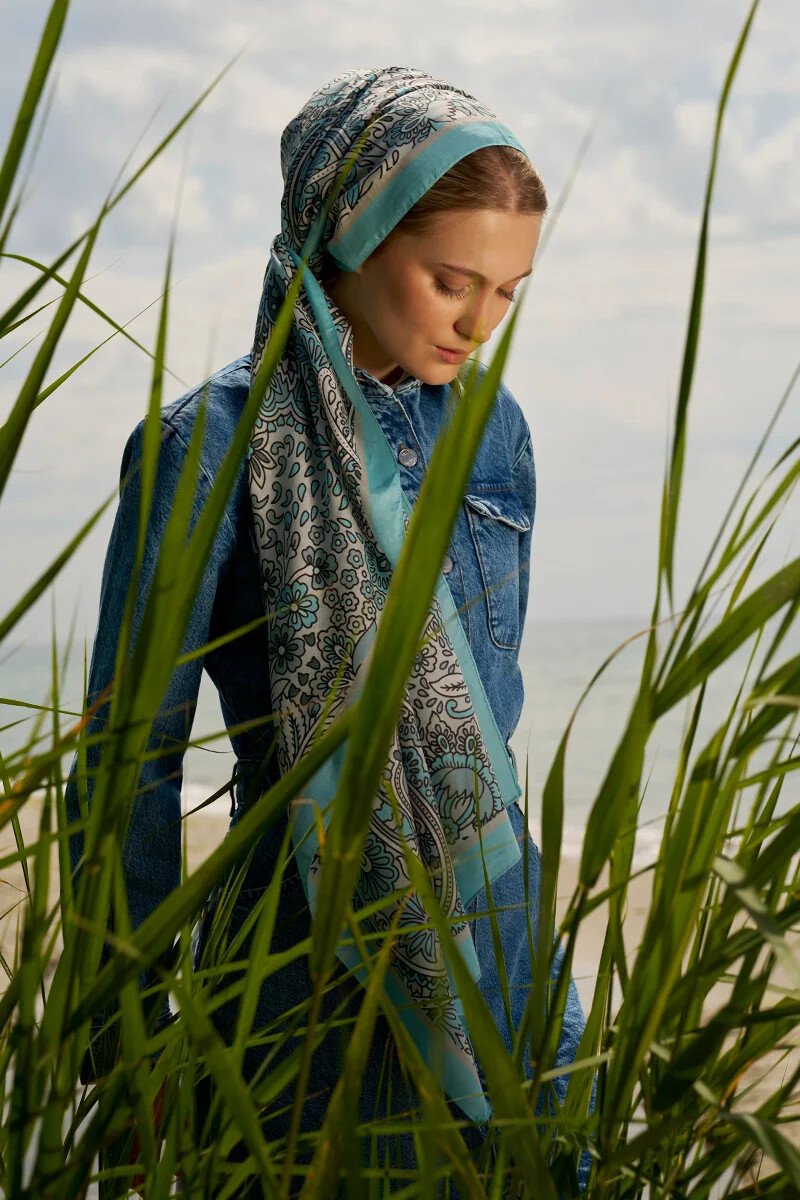 Karmaşık Desen Pamuk İpek Şal - Turkuaz Mavisi - ED Scarf
