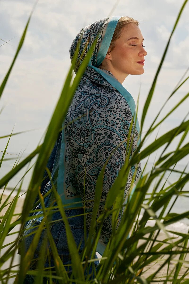 Karmaşık Desen Pamuk İpek Şal - Turkuaz Mavisi - ED Scarf