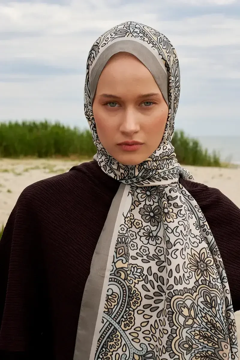 Karmaşık Desen Pamuk İpek Şal - Vizon - 4