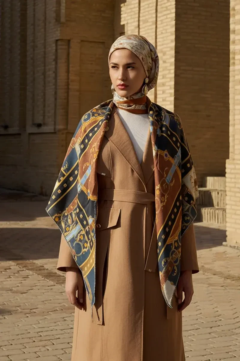 Kemer Desen Yün İpek Omuz Şal - Lacivert - ED SCARF