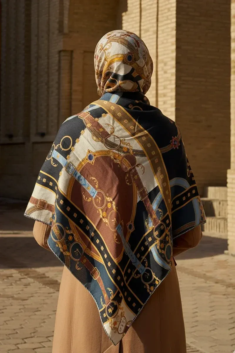 Kemer Desen Yün İpek Omuz Şal - Lacivert - ED SCARF