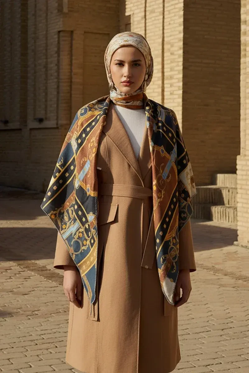 Kemer Desen Yün İpek Omuz Şal - Lacivert - ED SCARF