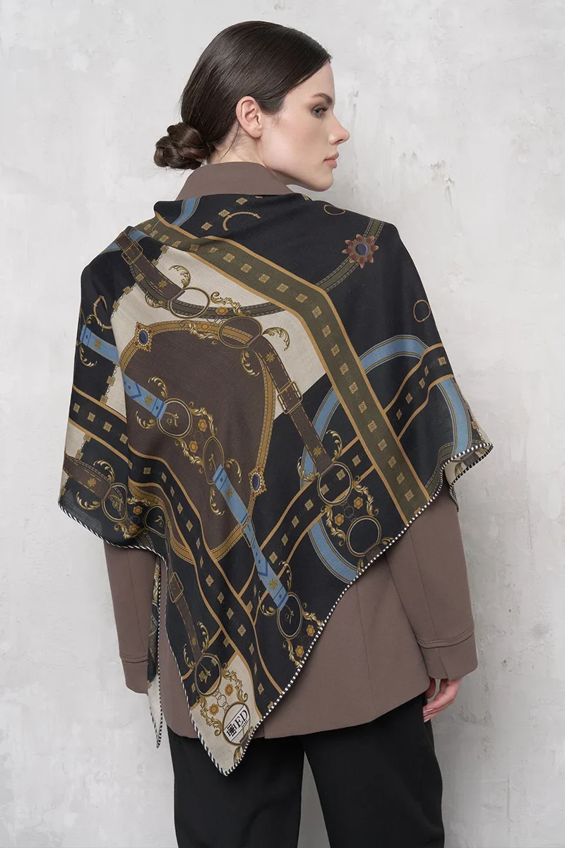 Kemer Desen Yün İpek Omuz Şal - Lacivert - ED SCARF