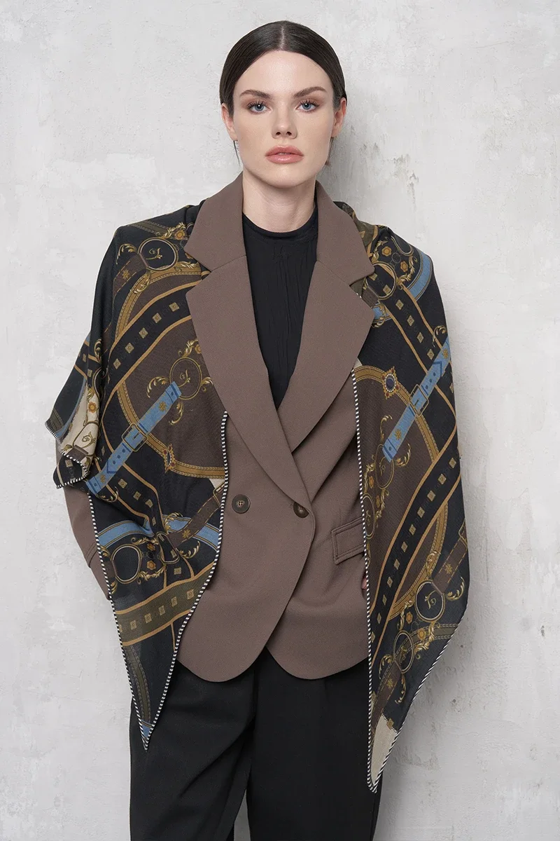 Kemer Desen Yün İpek Omuz Şal - Lacivert - ED SCARF