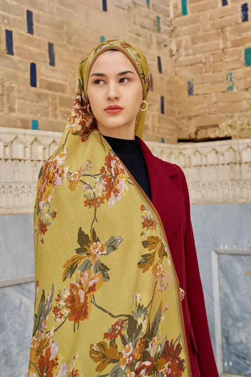 Leyha Yün İpek Şal - Hardal - 3