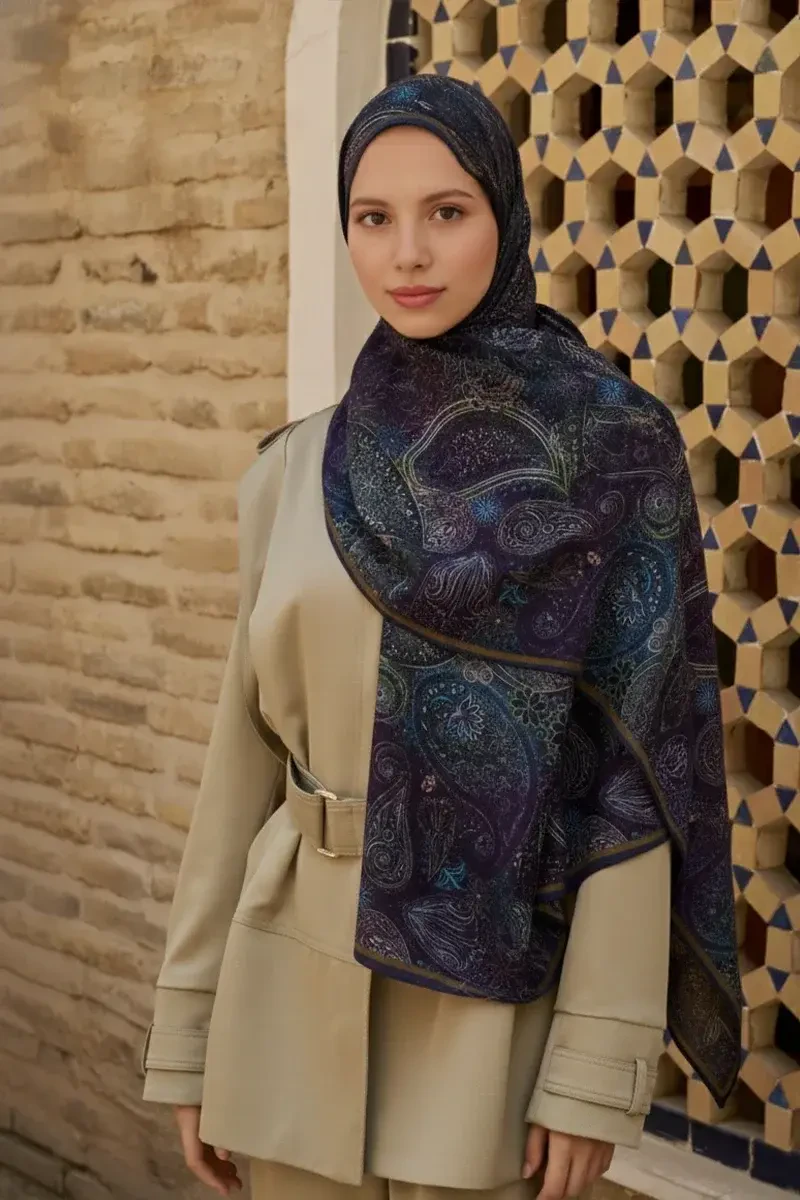 Mihr Yün İpek Şal - Lacivert - ED SCARF