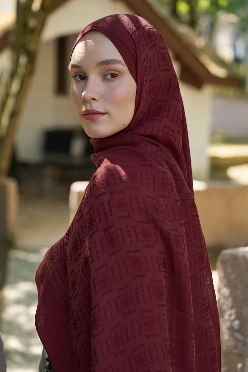 Naia Pamuk Logo Desen Şal - Bordo - ED SCARF
