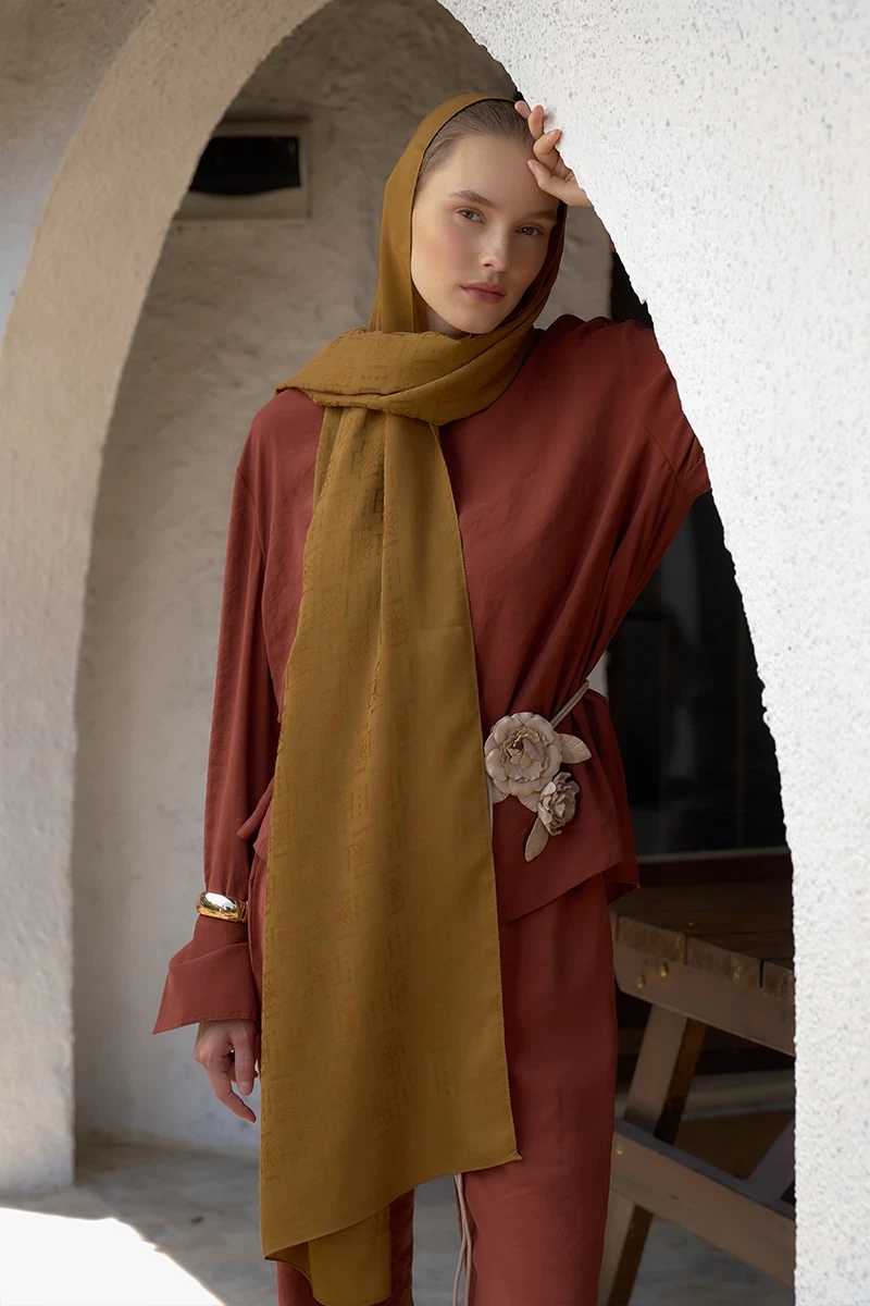 Naia Pamuk Logo Desen Şal - Hardal - ED SCARF