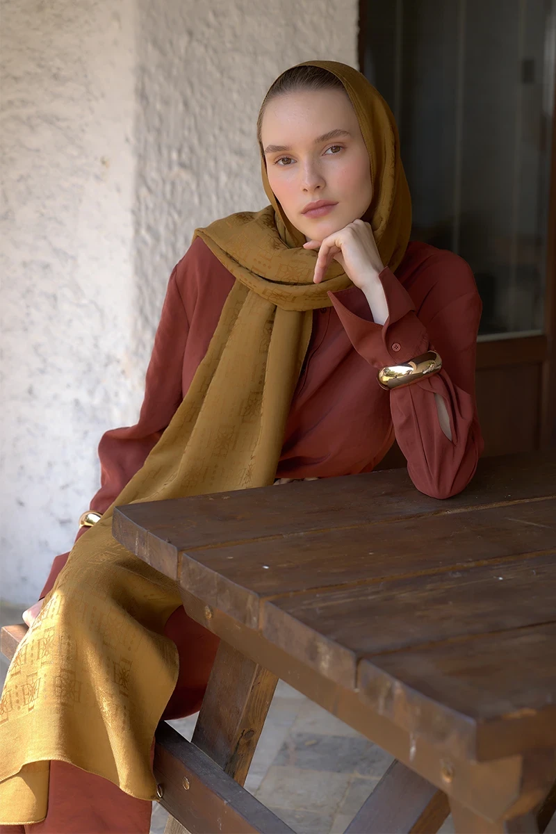 Naia Pamuk Logo Desen Şal - Hardal - 4