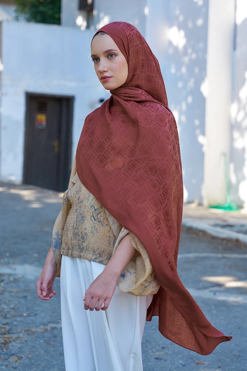 Naia Pamuk Logo Desen Şal - Kiremit - ED SCARF