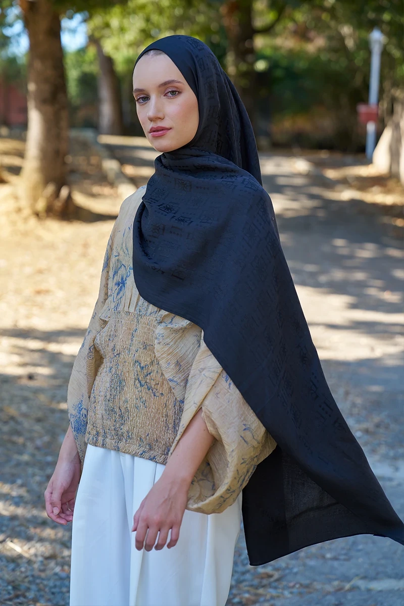 Naia Pamuk Logo Desen Şal - Siyah - ED SCARF