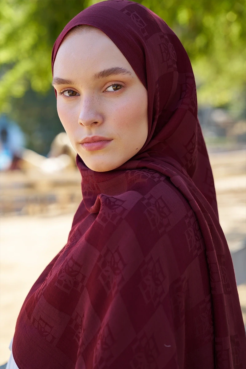 Naia Pamuk Monogram Desen Şal - Bordo - ED SCARF
