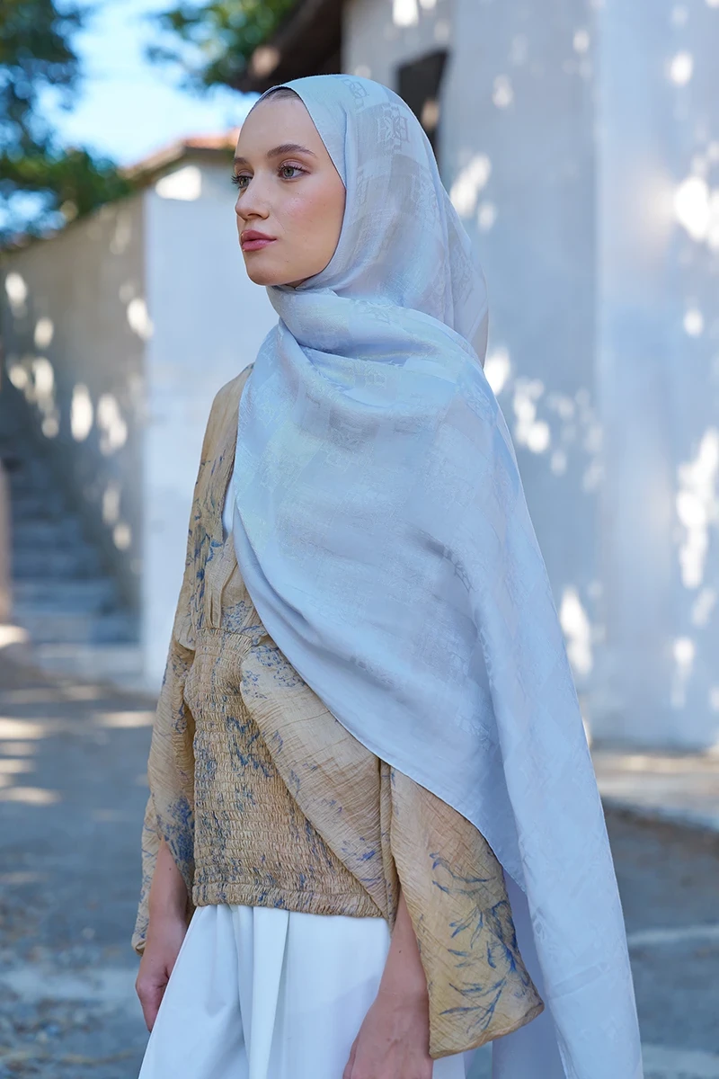 Naia Pamuk Monogram Desen Şal - Buz Mavisi - ED SCARF