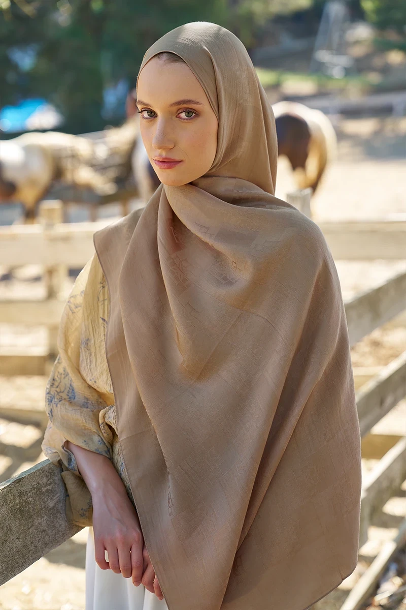 Naia Pamuk Monogram Desen Şal - Camel - 1