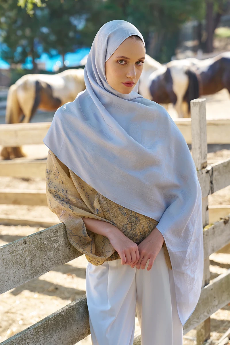 Naia Pamuk Monogram Desen Şal - Gümüş - 4