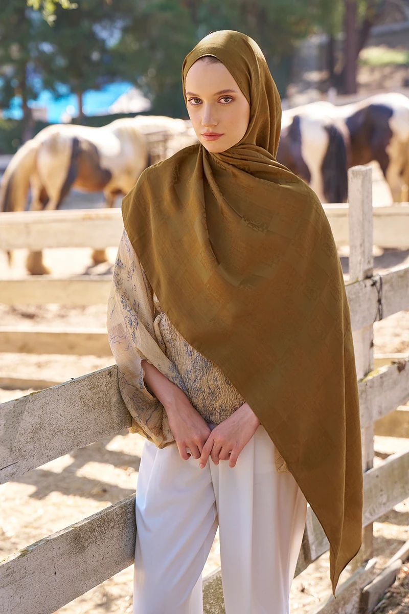 Naia Pamuk Monogram Desen Şal - Hardal - ED SCARF
