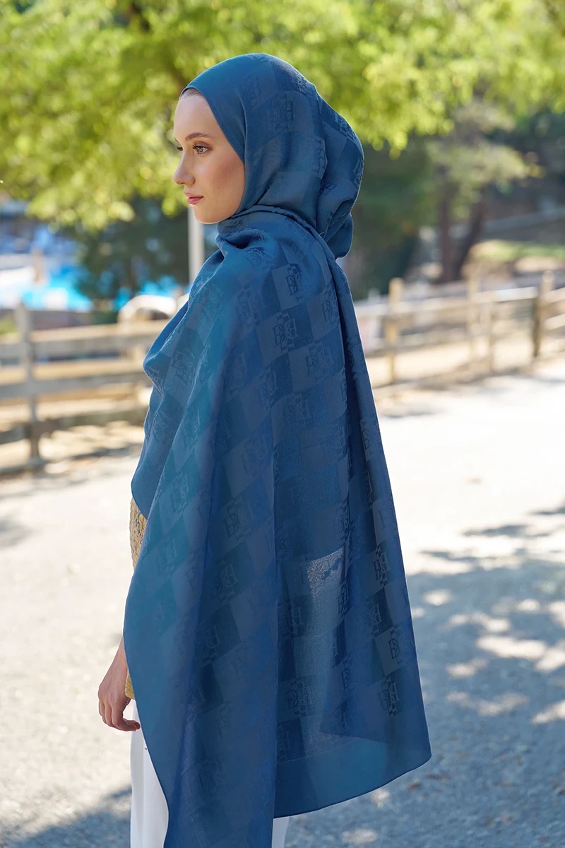 Naia Pamuk Monogram Desen Şal - İndigo - ED SCARF