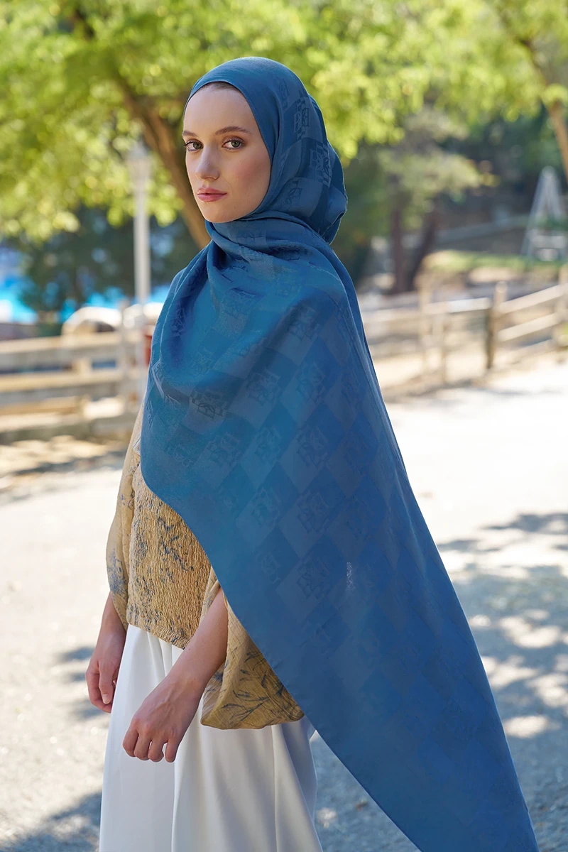 Naia Pamuk Monogram Desen Şal - İndigo - ED SCARF