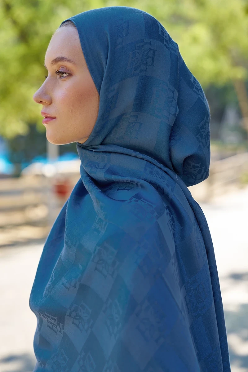 Naia Pamuk Monogram Desen Şal - İndigo - ED SCARF