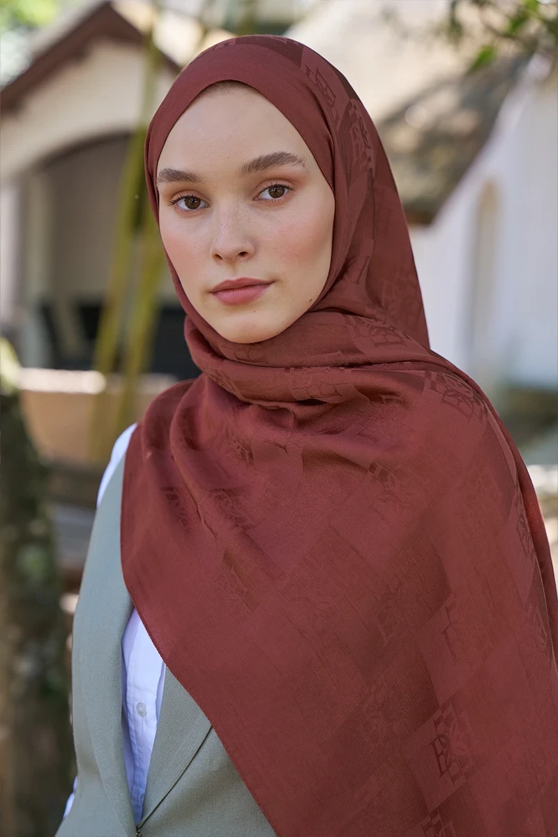 Naia Pamuk Monogram Desen Şal - Kiremit - ED SCARF