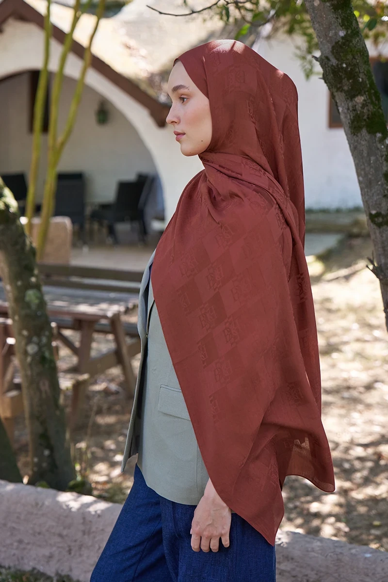 Naia Pamuk Monogram Desen Şal - Kiremit - ED SCARF