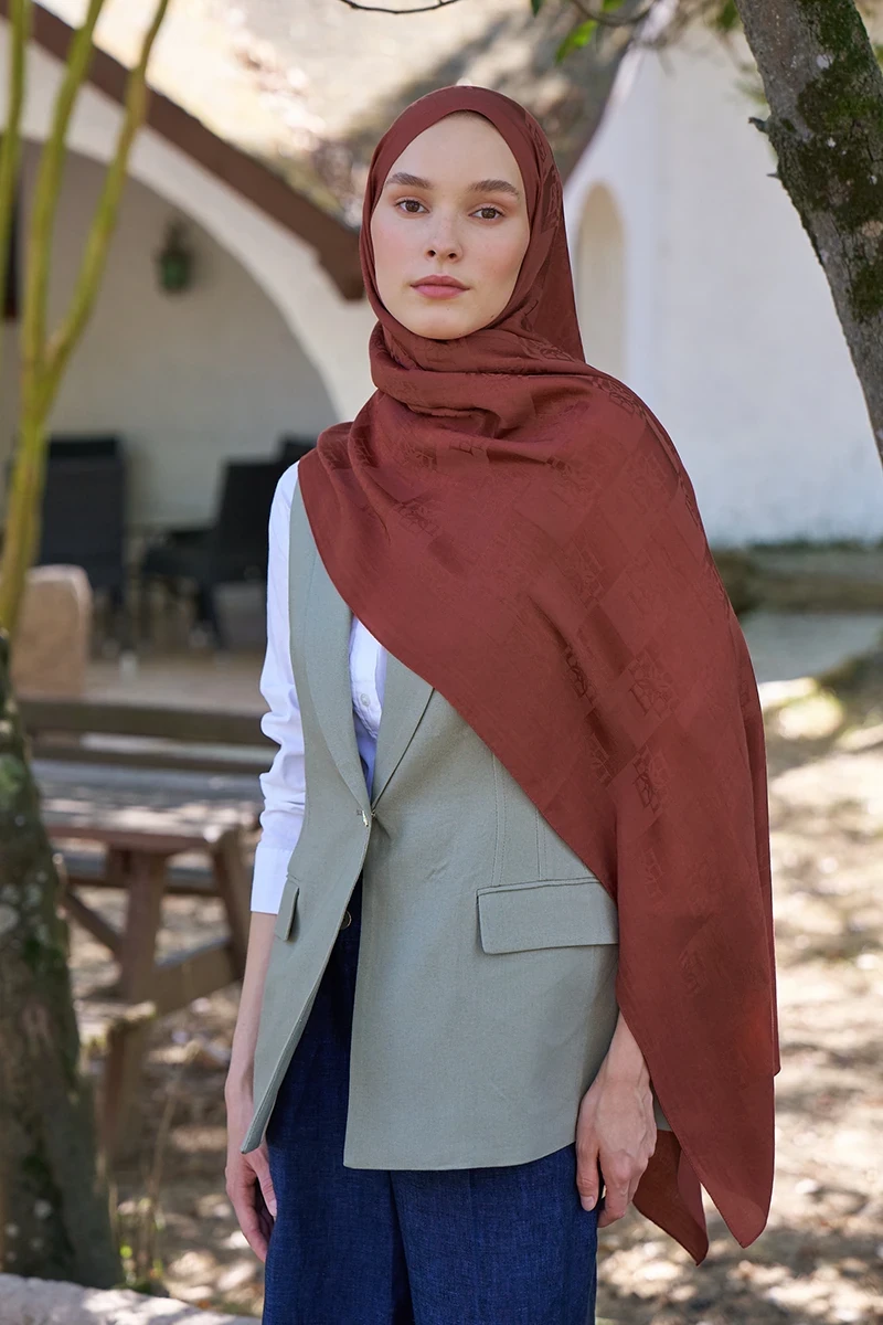 Naia Pamuk Monogram Desen Şal - Kiremit - ED SCARF