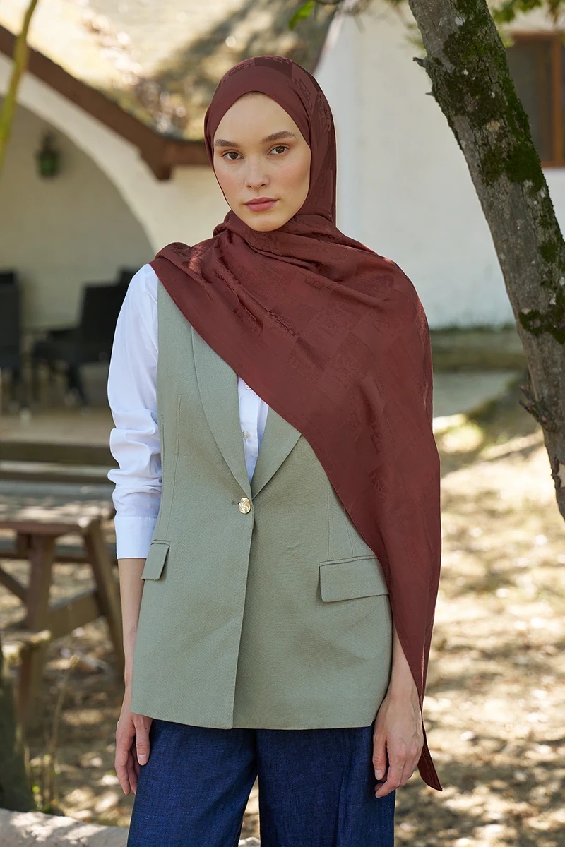 Naia Pamuk Monogram Desen Şal - Kızıl Kahve - 4