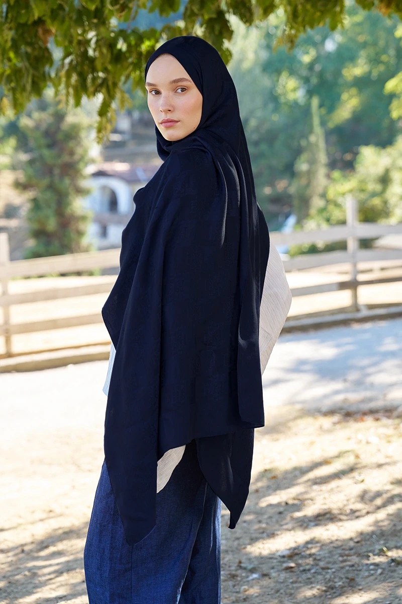 Naia Pamuk Monogram Desen Şal - Lacivert - ED SCARF