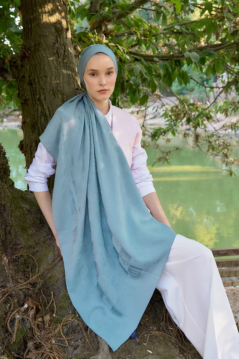 Naia Pamuk Monogram Desen Şal - Mavi - ED SCARF