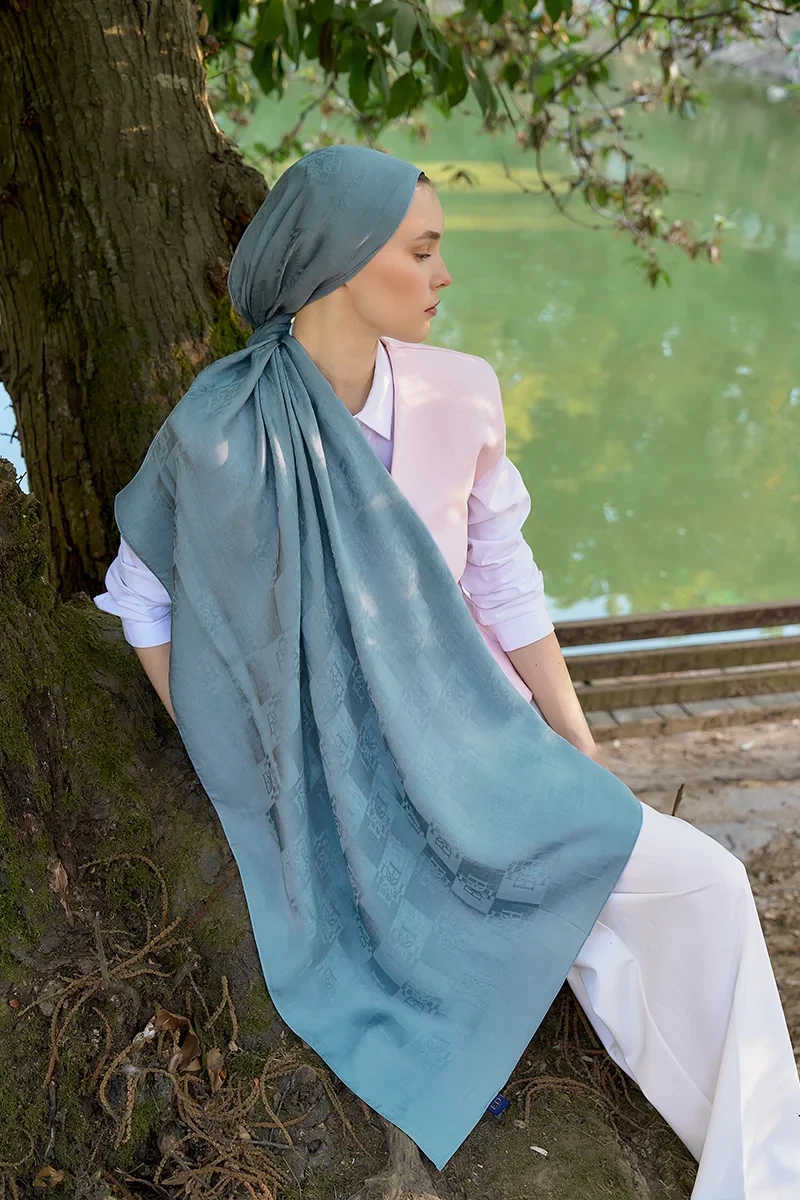 Naia Pamuk Monogram Desen Şal - Mavi - ED SCARF