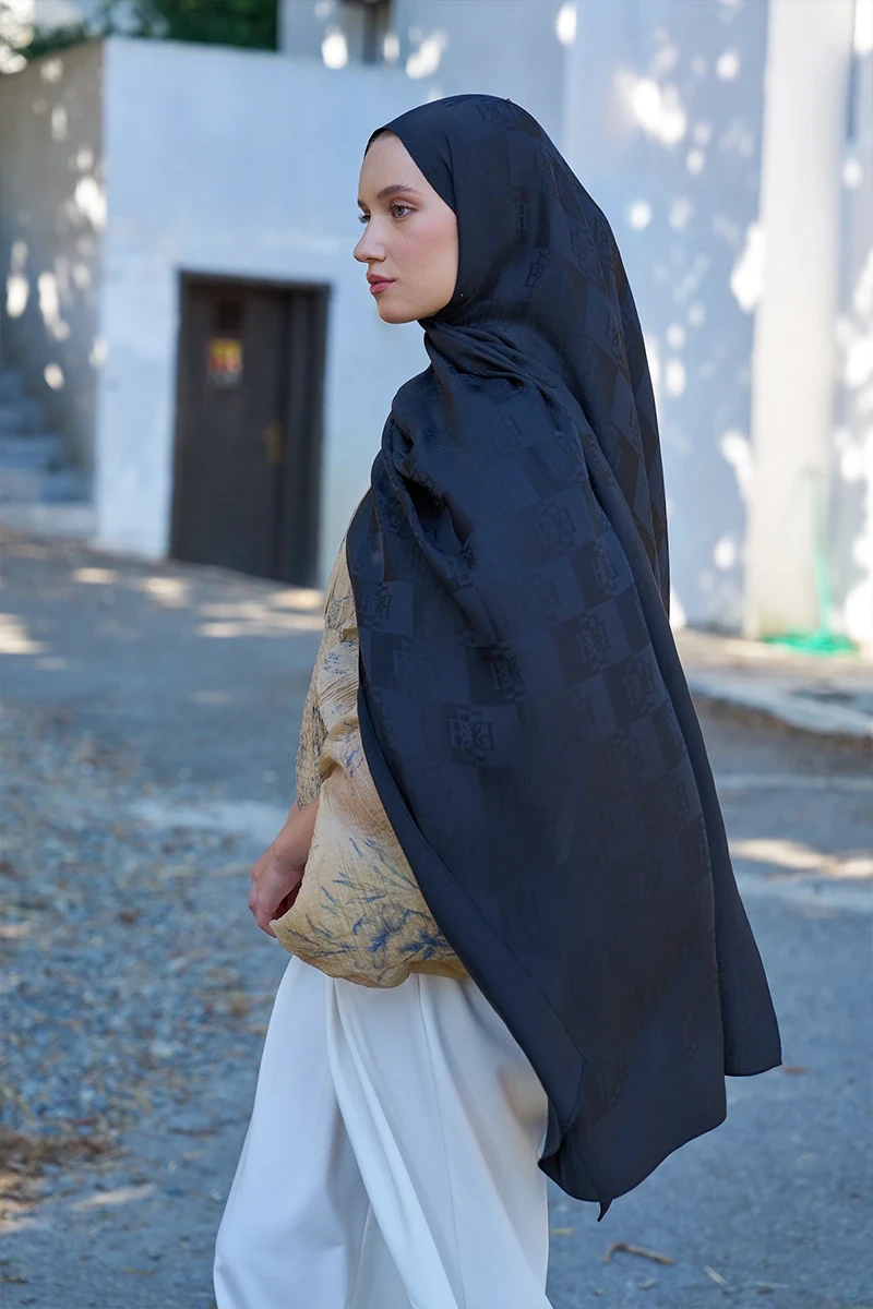 Naia Pamuk Monogram Desen Şal - Siyah - ED SCARF