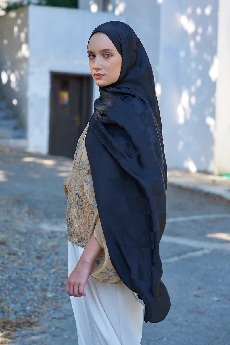 Naia Pamuk Monogram Desen Şal - Siyah - ED SCARF