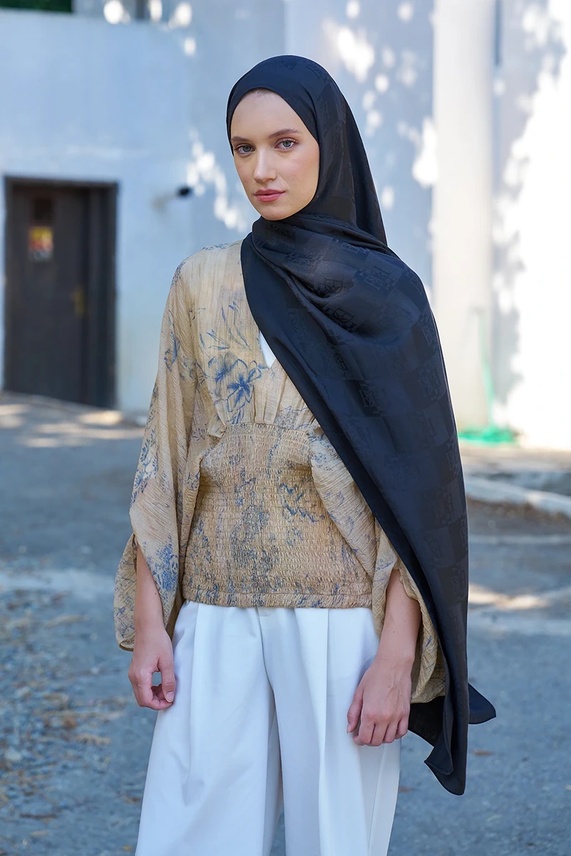 Naia Pamuk Monogram Desen Şal - Siyah - ED SCARF