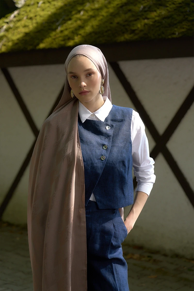 Naia Pamuk Monogram Desen Şal - Vizon - ED SCARF