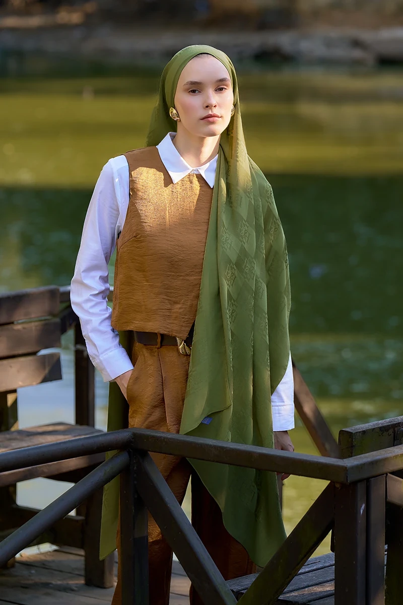 Naia Pamuk Monogram Desen Şal - Yeşil - ED SCARF