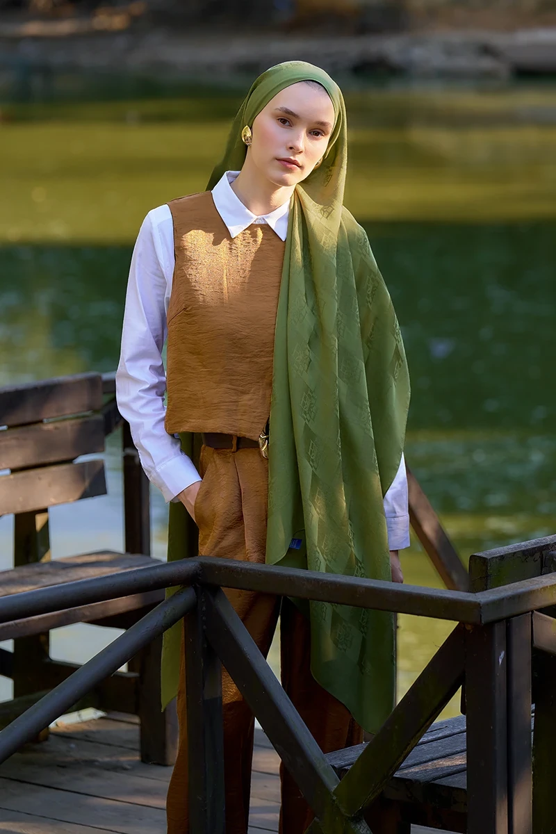 Naia Pamuk Monogram Desen Şal - Yeşil - ED SCARF