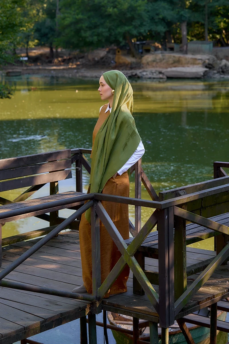 Naia Pamuk Monogram Desen Şal - Yeşil - ED SCARF