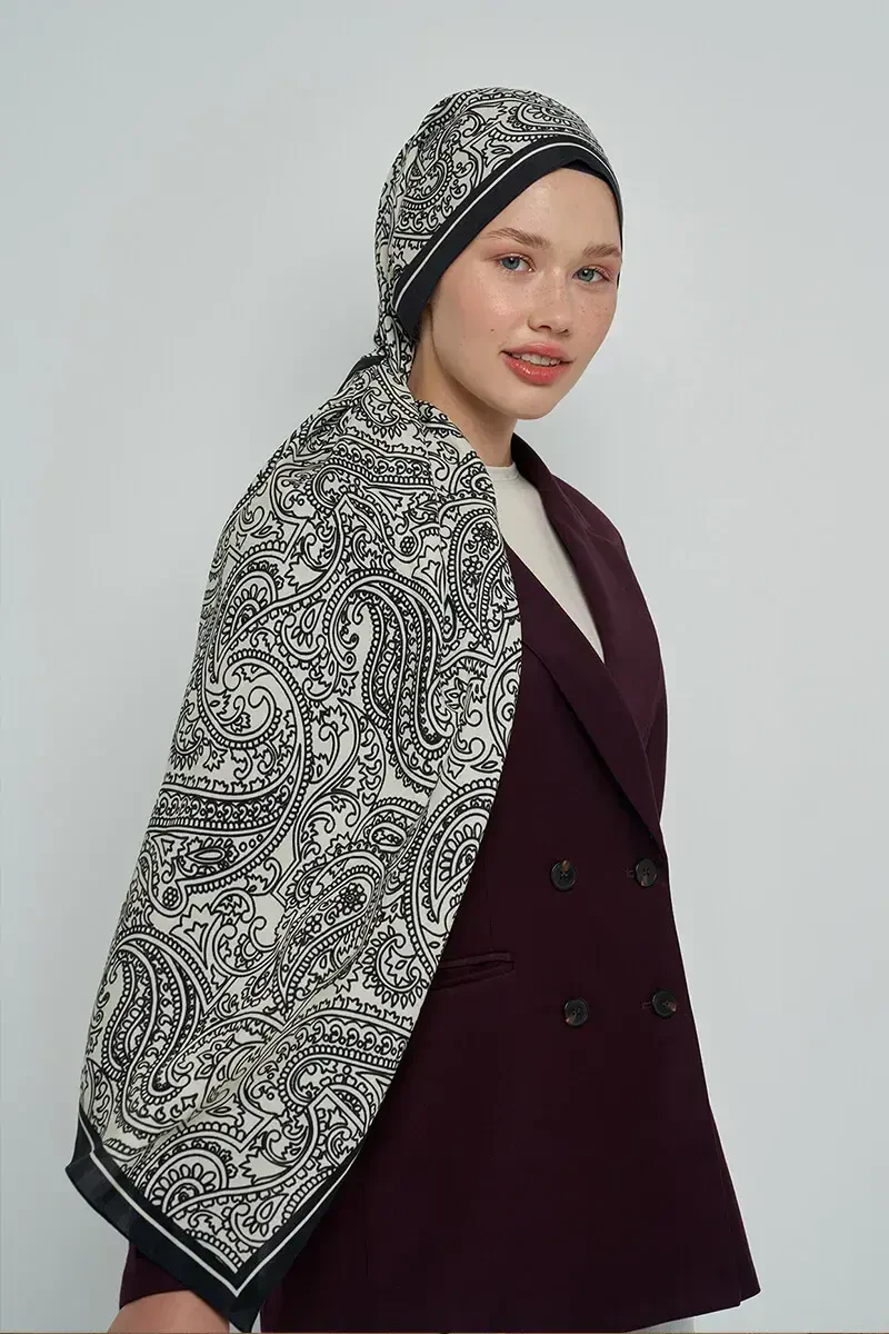 Paisley Koleksiyonu Hüma Şal - Siyah / Beyaz - 3