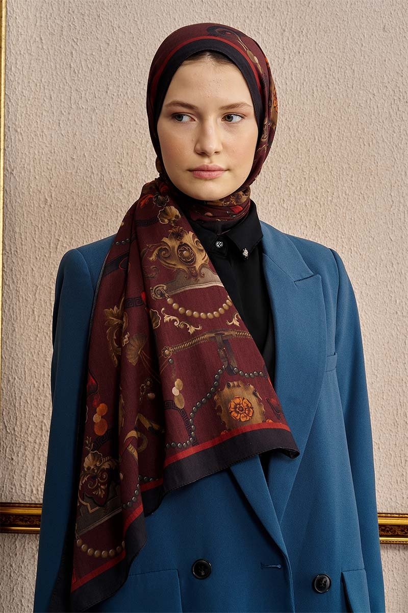 Pamuk İpek Baraque Şal - Bordo - 2