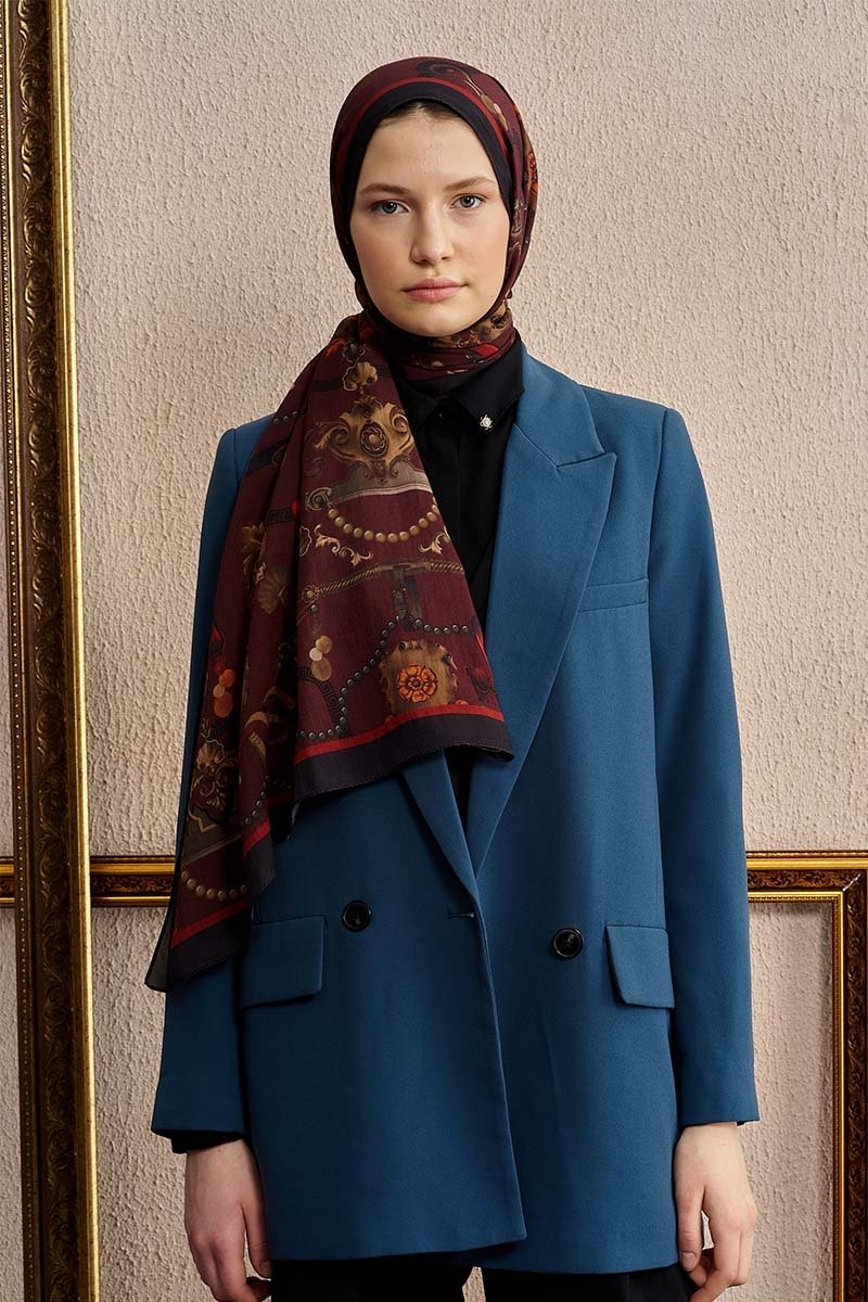 Pamuk İpek Baraque Şal - Bordo - 3