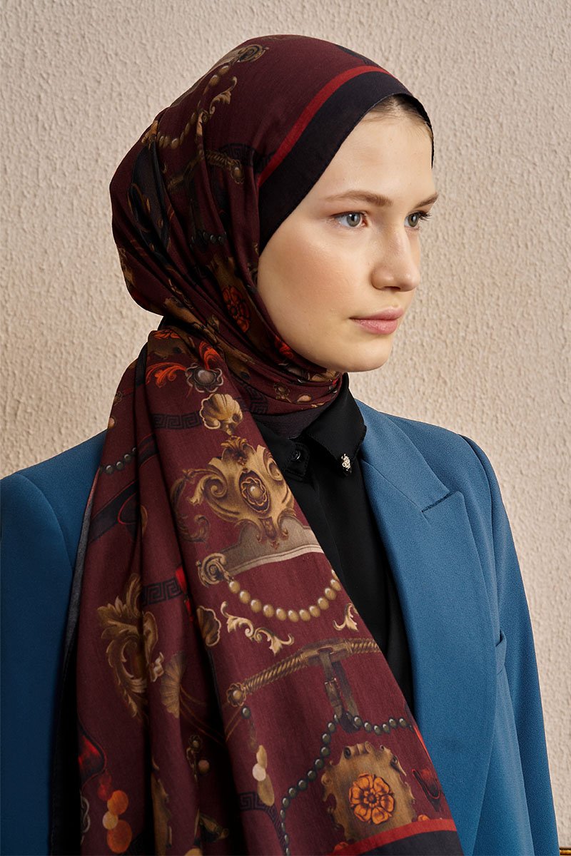 Pamuk İpek Baraque Şal - Bordo - 1