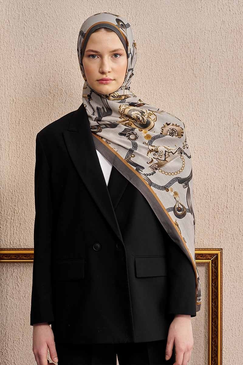 Pamuk İpek Baraque Şal - Gri - 1