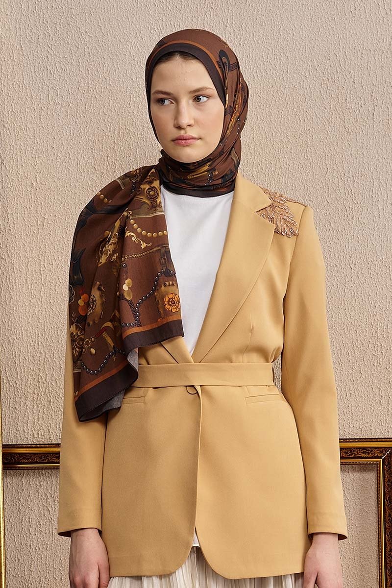 Pamuk İpek Baraque Şal - Kahverengi - 2
